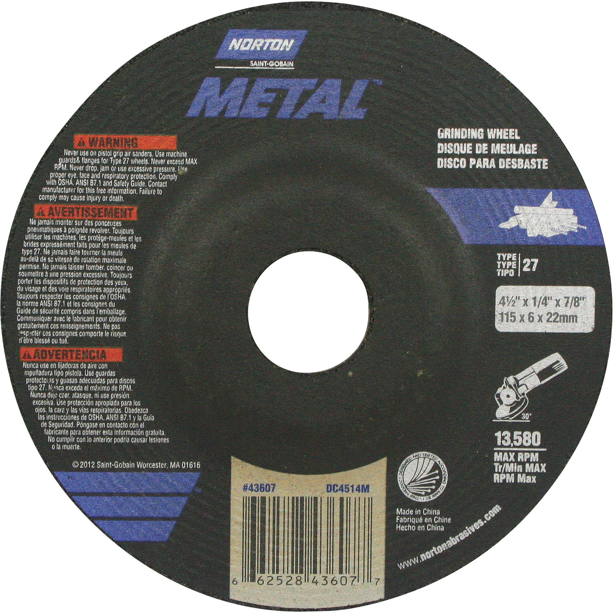 Norton Metal Grinding Wheel, 4.5in. Dia., 12,000 RPM, Model# 66252843607